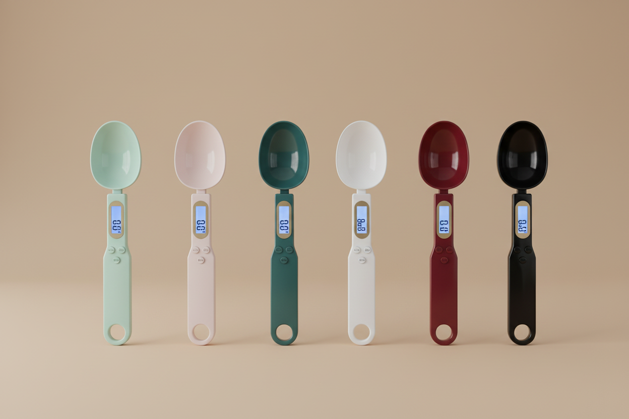 Löffelwaagen mit beigem Hintergrund