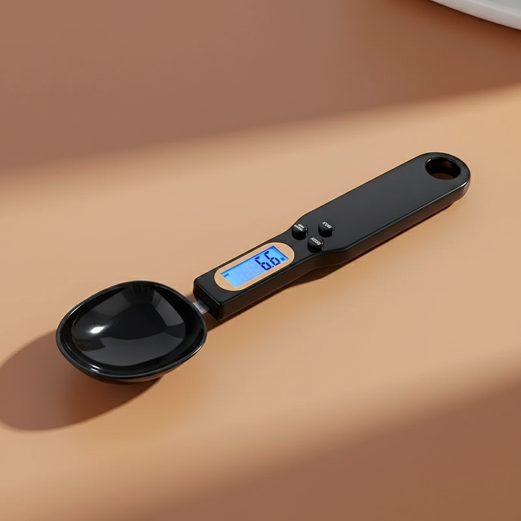 Schwarze Löffelwaage auf braunem Hintergrund